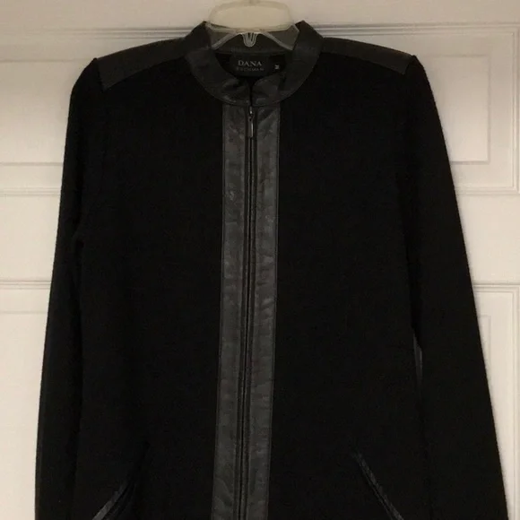 Dana Buchman Black Front zip sweater jacket with Leather Trim 31 “ long
